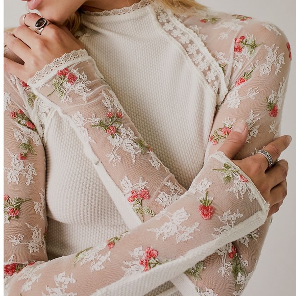 Free People Tops - Free People FP x Anna Sui Le Fleur Knit Embroidered Lace Sleeve Thermal